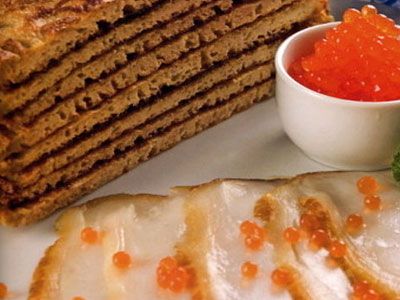 Блины с осетриной и икрой