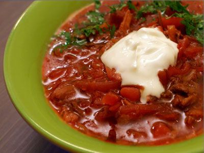 Борщ с сосисками и ветчиной
